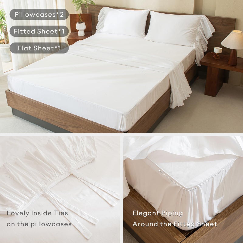 QSH Queen's House White Ruffles Bed Sheet Set Cotton 4-Piece King Size-Style G - Image 2